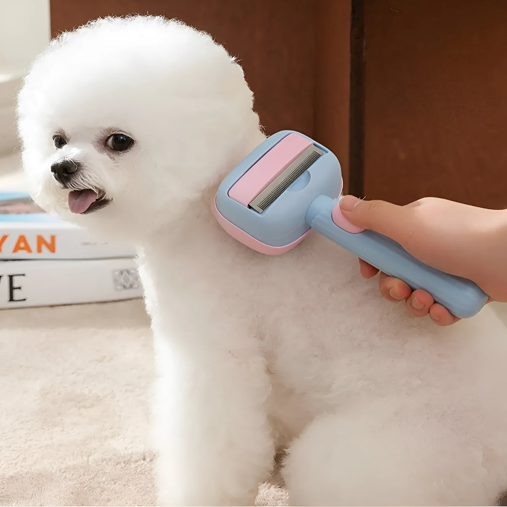 Red double-sided pet deshedding brush with dematting comb on a white background.