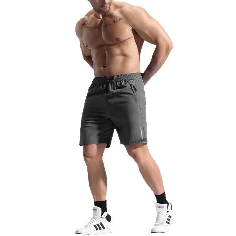 Men's grey bamboo fibre sports shorts with an elastic high waist and drawstring closure.
