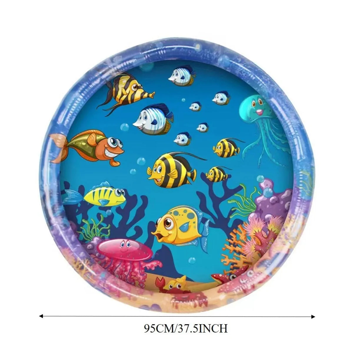 Large square blue water sensory playmat for cats on a floor, showing floating fish toys inside.