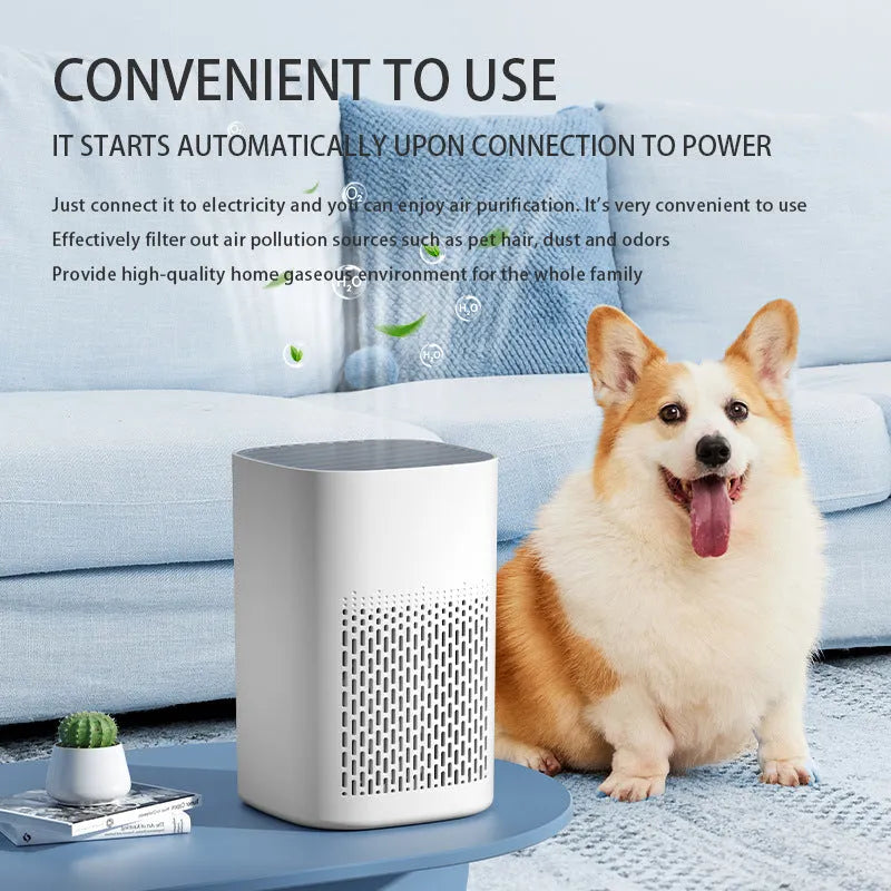 Simple style desktop air purifier with USB cable on a wooden desk