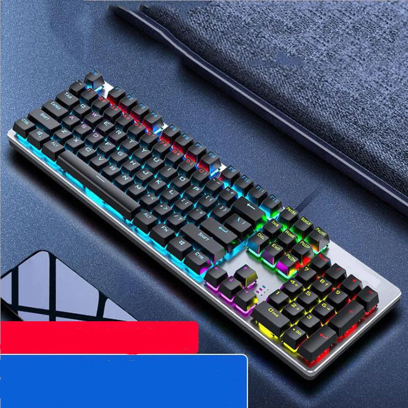 AOC GK410 mechanical keyboard with green switches, metal case, and backlit keys on a desk.