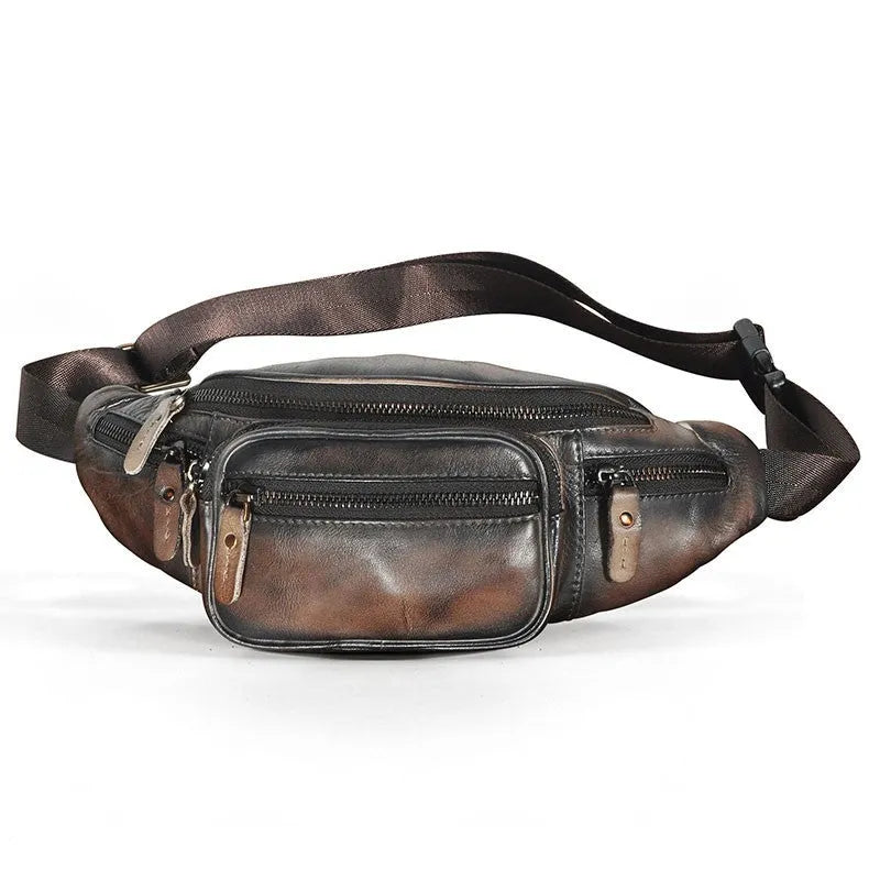 Dark crazy horse cowhide leather messenger bag showing front flap and adjustable shoulder strap.