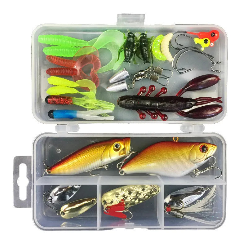 Junior fishing lure suit set with PP plastic storage box containing an assortment of artificial baits.