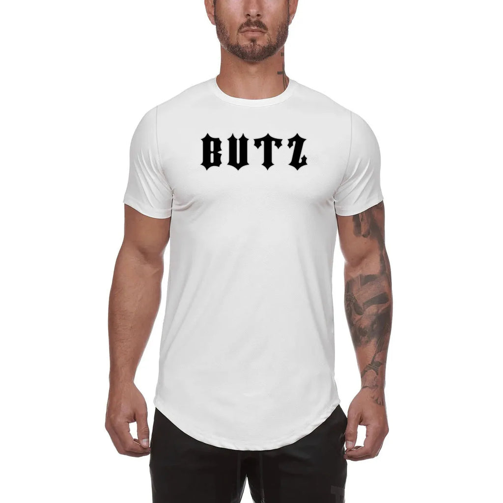 Men's plain cotton-spandex gym t-shirt shown in army green, black, and white, some with optional letter print.
