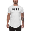 Men's plain cotton-spandex gym t-shirt shown in army green, black, and white, some with optional letter print.