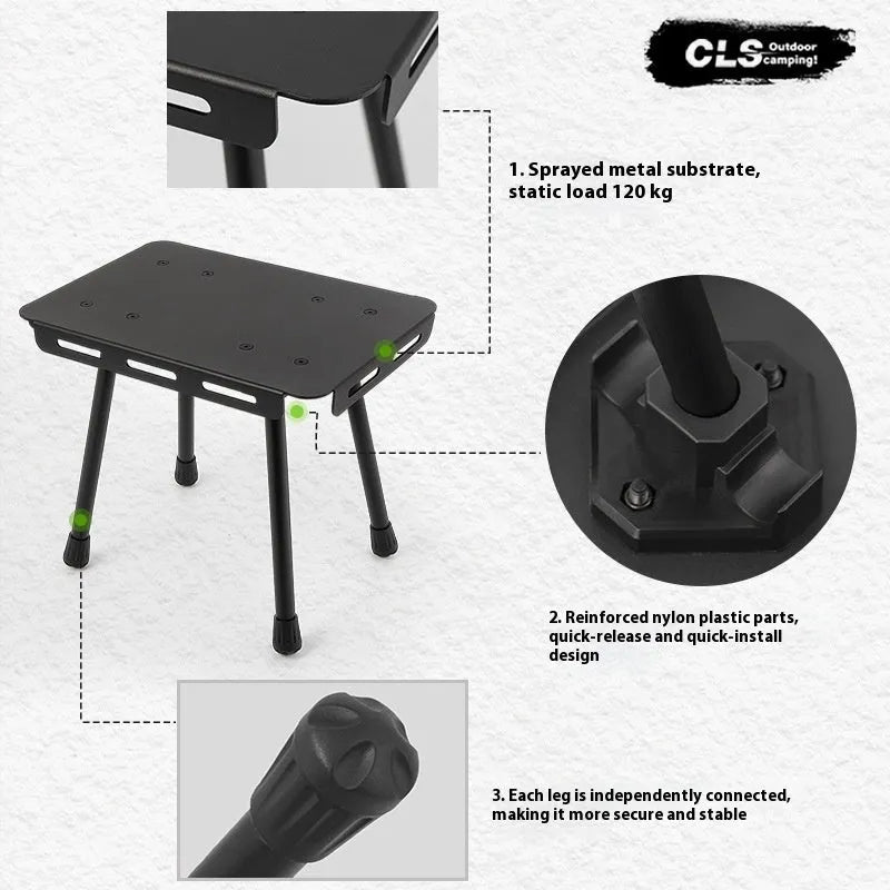 CLS aluminium folding table shown as a camping stool and converted into a raised mini table with retractable legs.