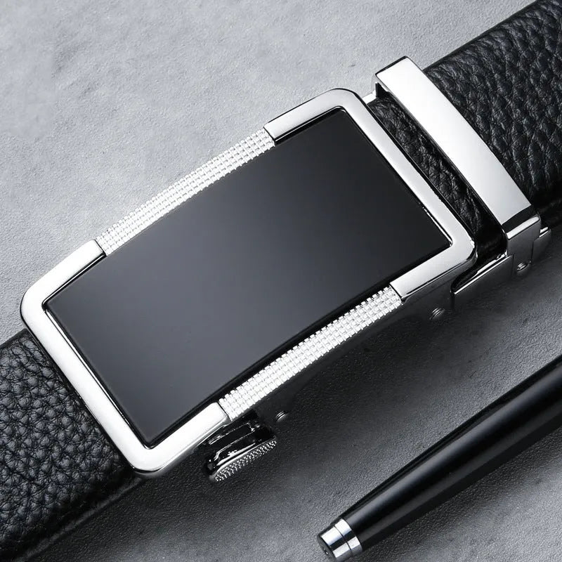 Men's leather comfort click belt with an alloy buckle in gun black, silver, or gold finish.