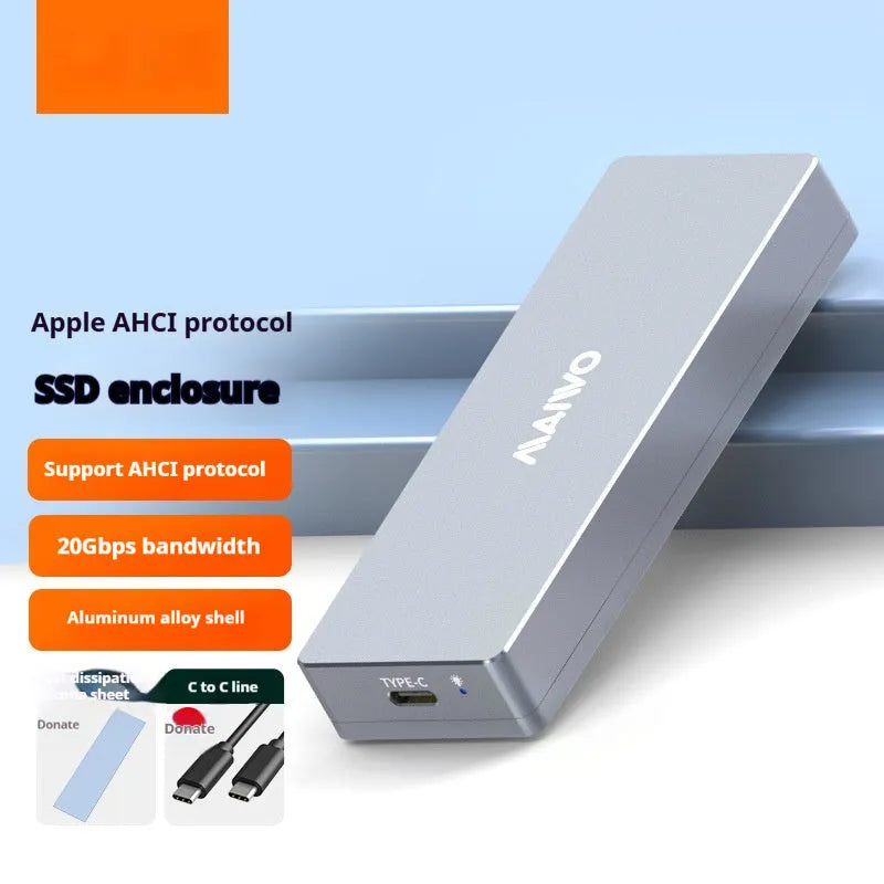 M.2 SATA solid state drive external enclosure with Type-C cable, screwdriver, screws, and silicone pad kit