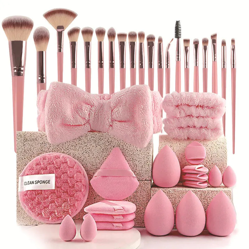 Beauty tools combination suit with hydrophilic non-latex sponge applicators in brown, pink and purple colours