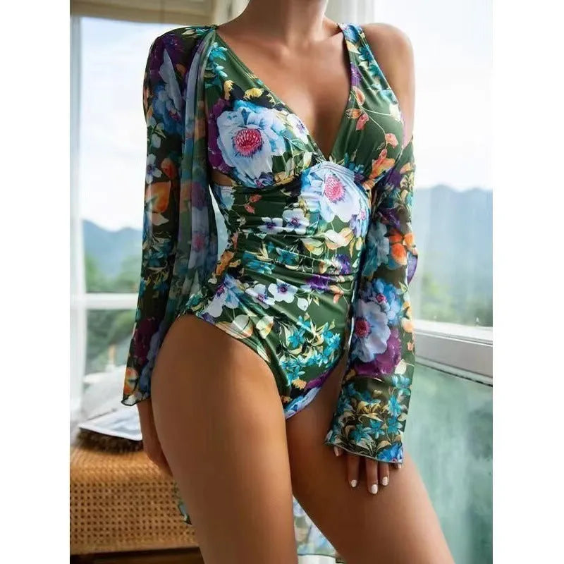 Women's floral tight bikini three-piece swimsuit set with matching cover-up in various colours
