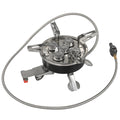 Silver portable split camping stove with hose, dimensions 155mm by 125mm.