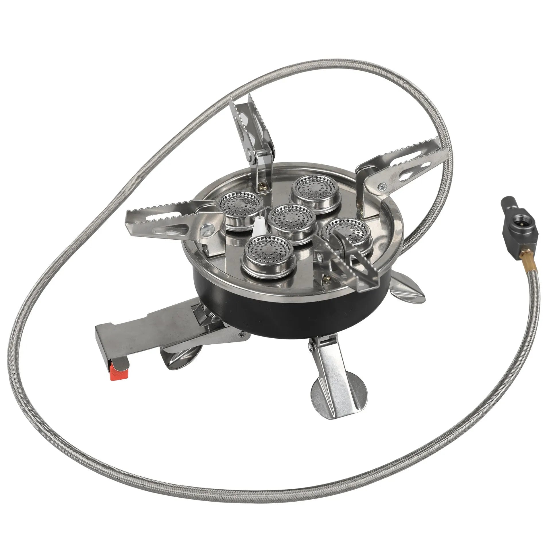Silver portable split camping stove with hose, dimensions 155mm by 125mm.