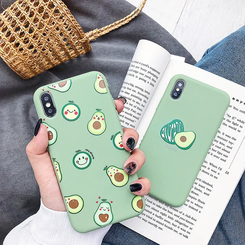 Avocado cartoon design on a green TPU phone case for iPhone, showing back cover style.