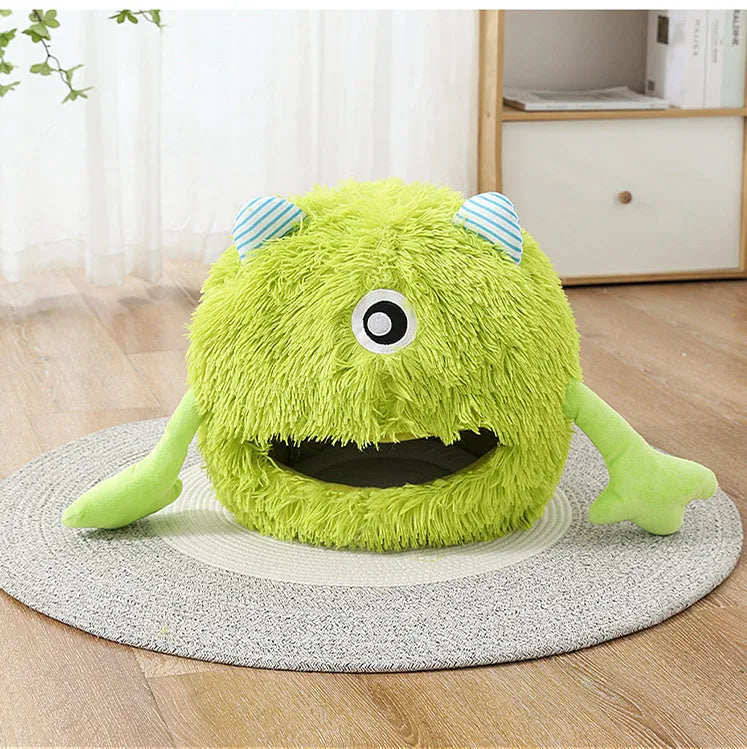 Fluffy round plush cat bed with non-slip base in small, medium, and large sizes.