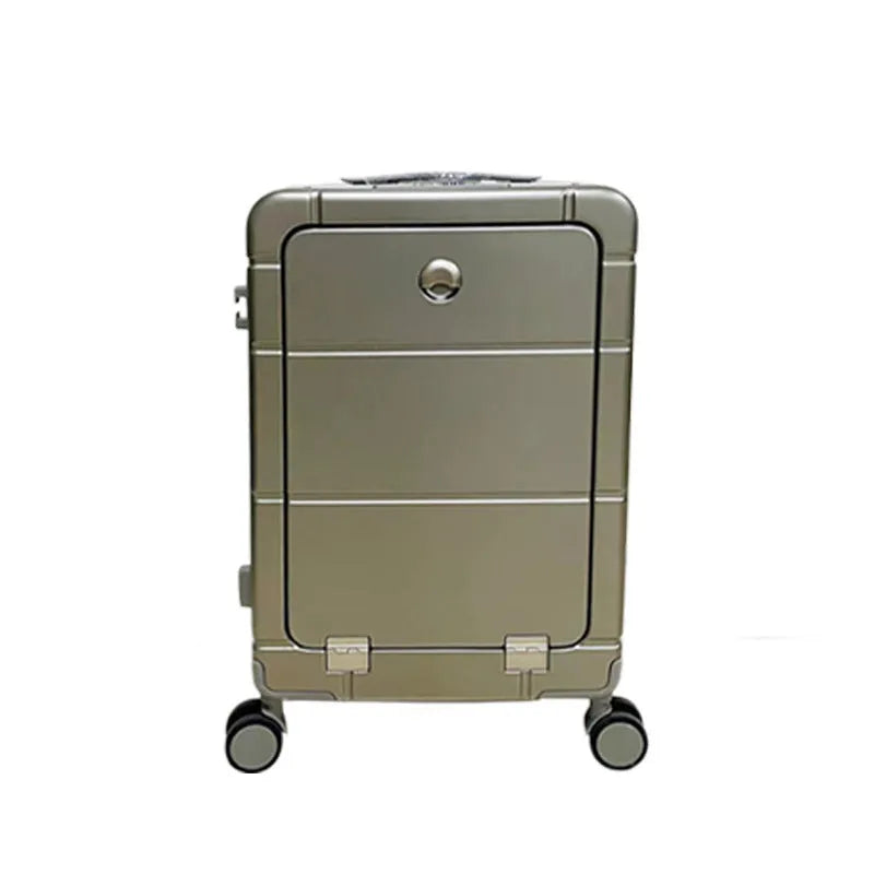 20-inch hard-shell suitcase with front-opening compartment in black, green, silver, or white colours with spinner wheels