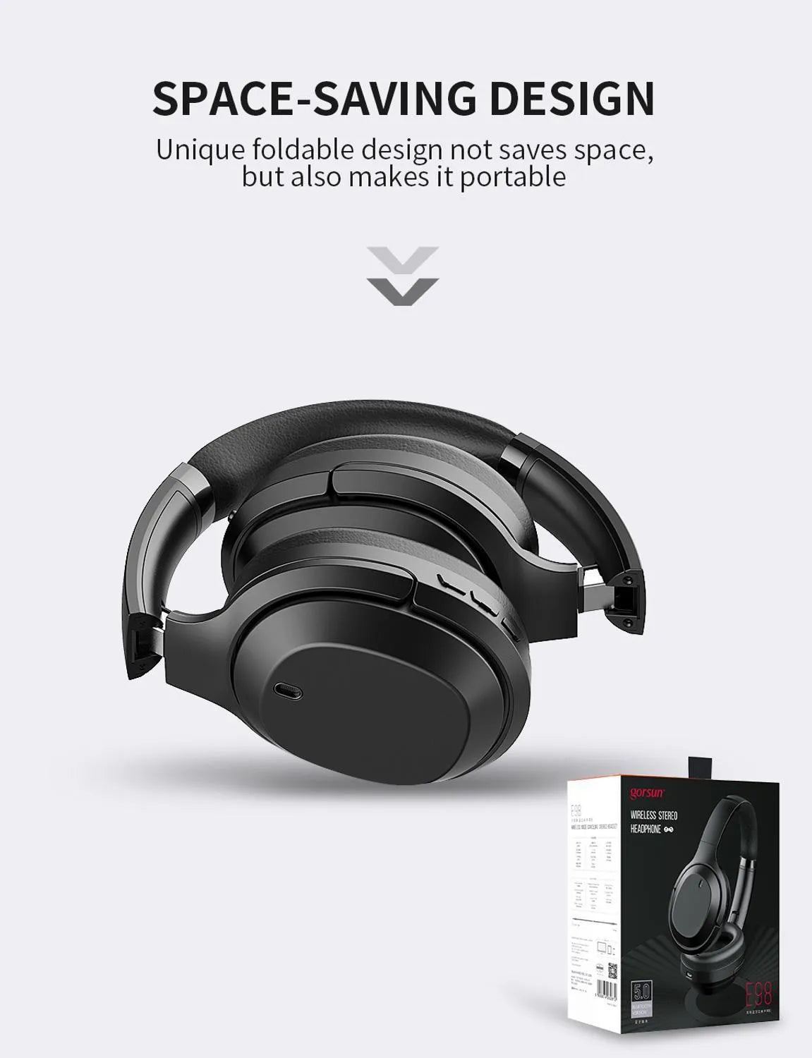 Black Gorsun E98 over-ear Bluetooth headphones with memory-protein ear cushions and adjustable headband