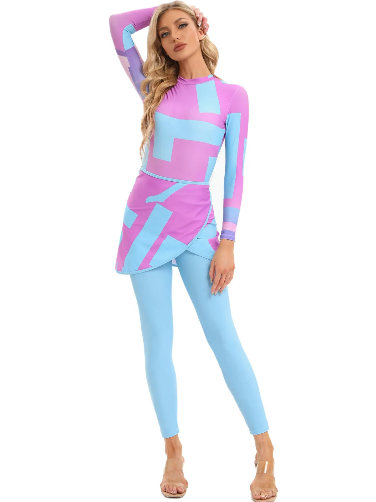 Muslim conservative beach swimsuit three-piece set with apron cover-up in polyester fabric
