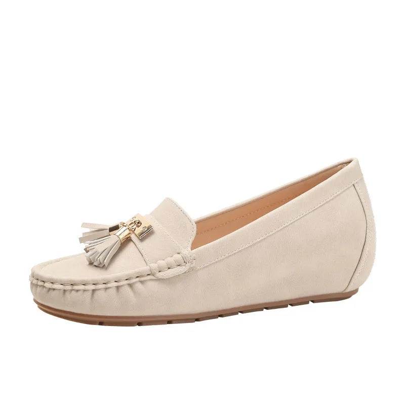 Flat heel height increasing insole work shoes with mid heel in beige, black, blue, and brown colours