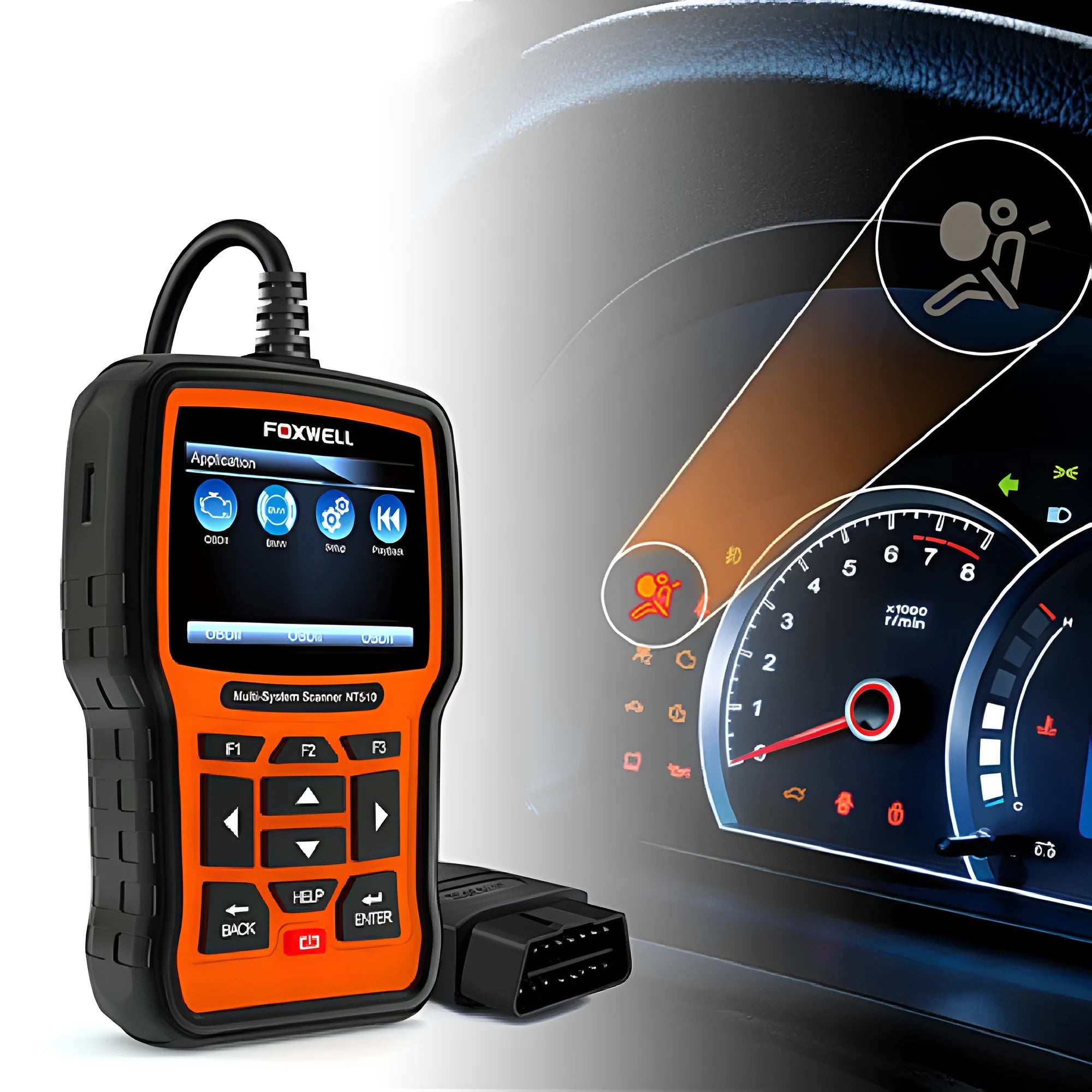 Orange and black Foxwell NT510 automotive OBD2 diagnostic scanner with data cable