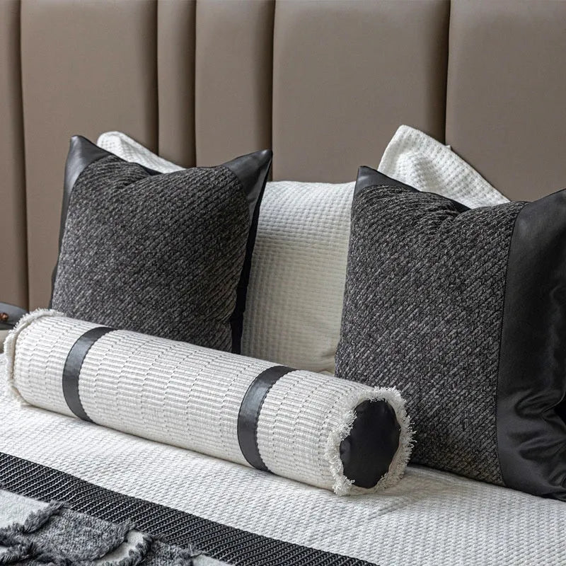 Modern minimalist grey and white plaid bed runner blanket set with pillow on bed