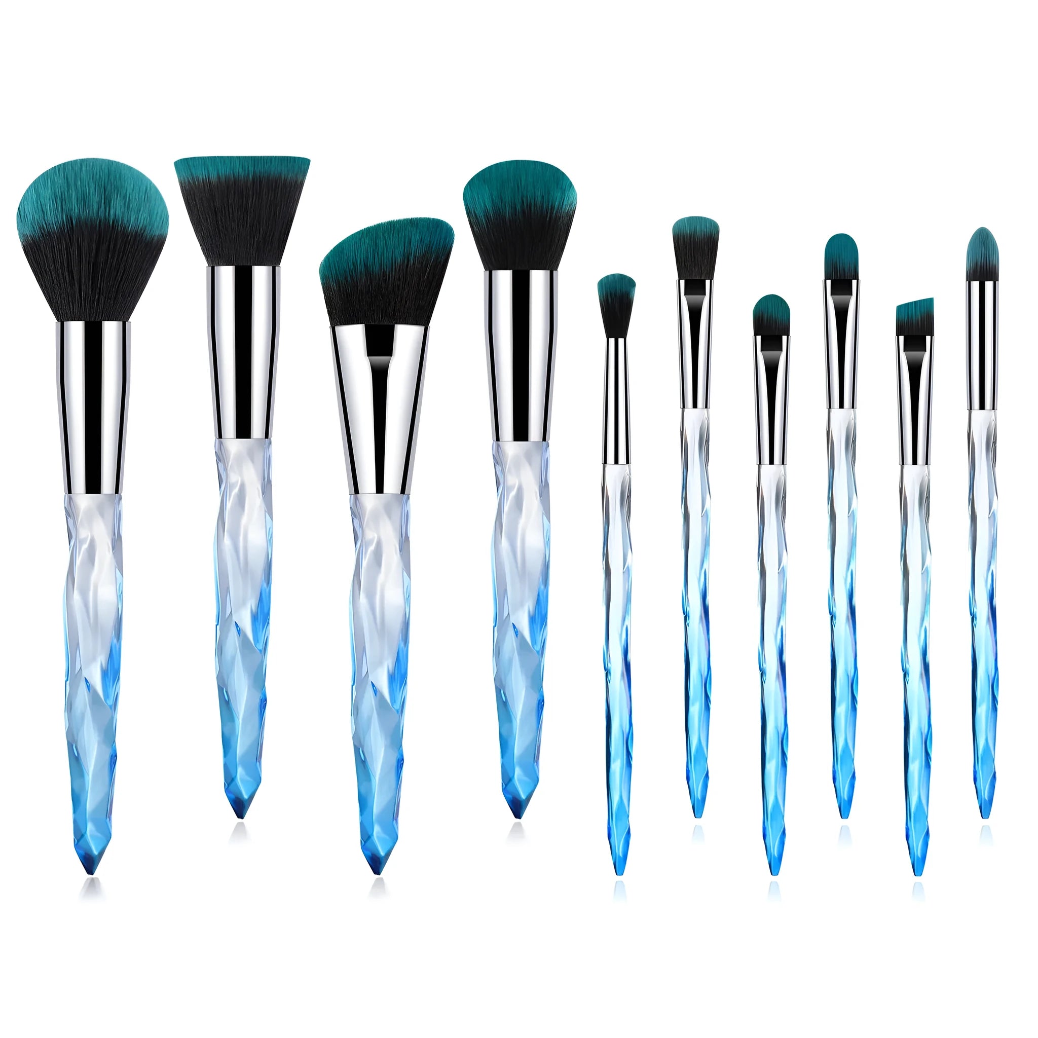 Set of 10 crystal-handled foundation brushes with synthetic bristles laid out flat.
