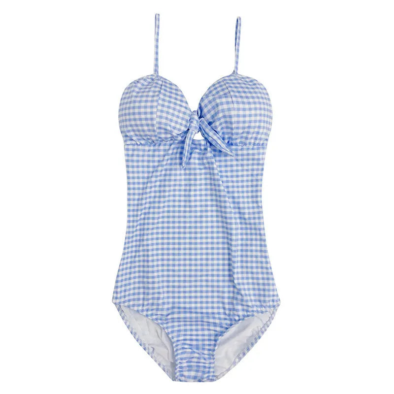 Blue and white plaid women's one-piece swimsuit on hanger showing front design