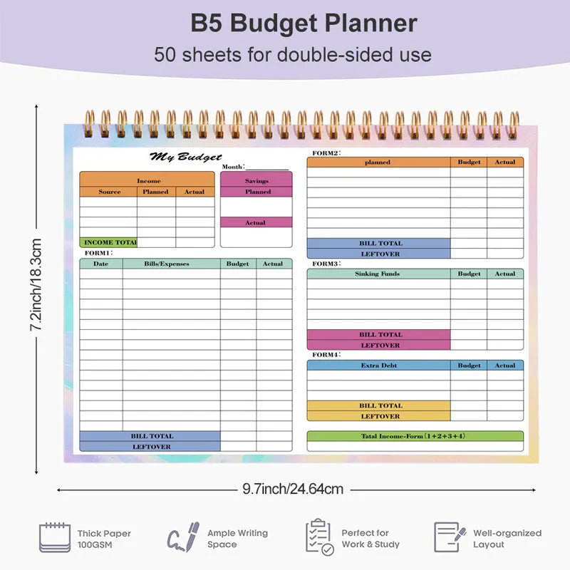B5 size spiral-bound wealth management notebook with a PP cover, open on a table.