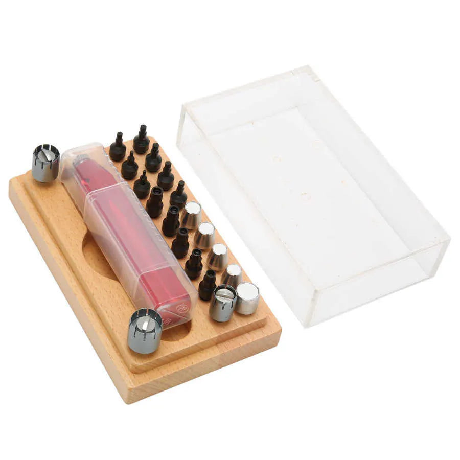 Steel watch repair tool kit with 20 barrel-opening extracting tubes for professional disassembly.