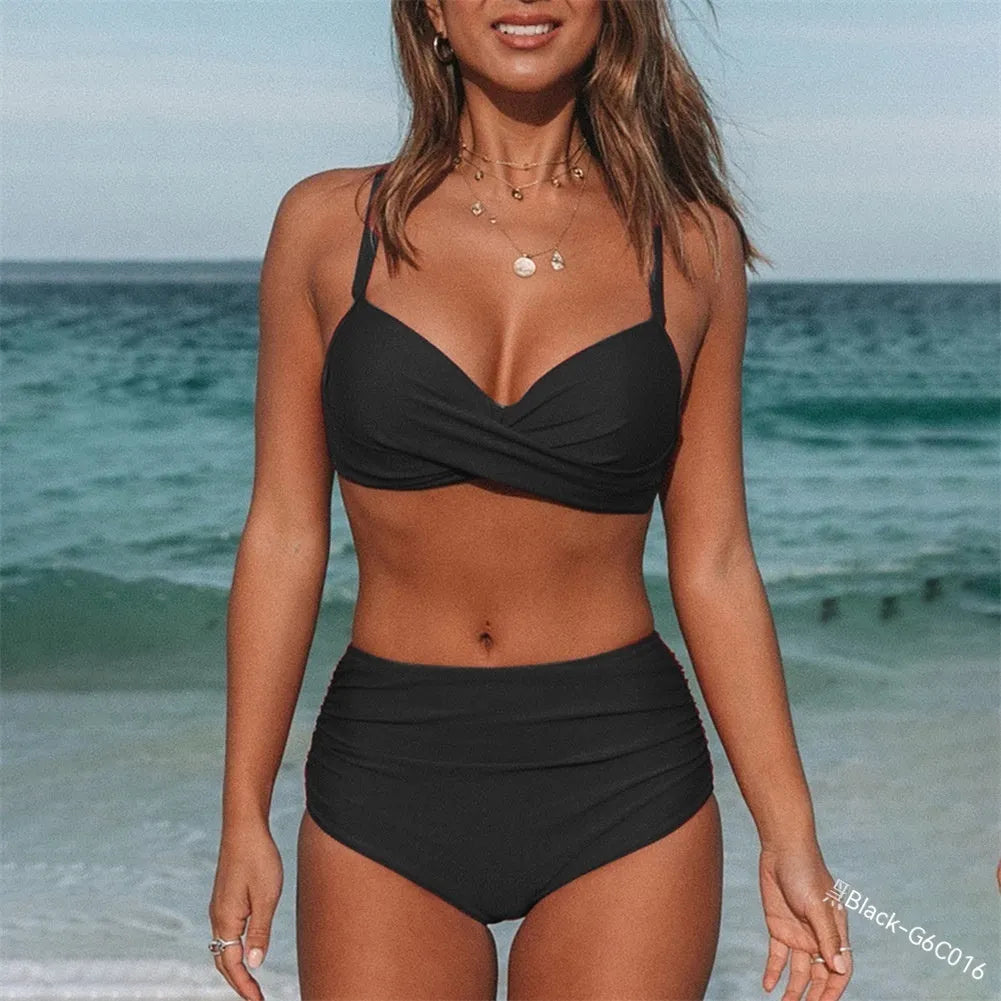 Women's cross strap solid colour bikini swimsuit in army green on a mannequin.