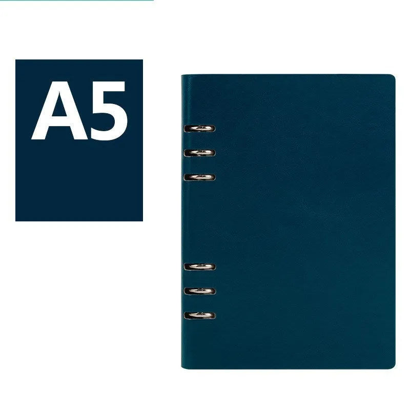Loose-leaf business notebook with imitation leather cover in five colour options, shown in A5, A6, and B5 sizes.