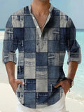 Thin striped Hawaiian long sleeve shirt in a digital bamboo linen pattern on a model.