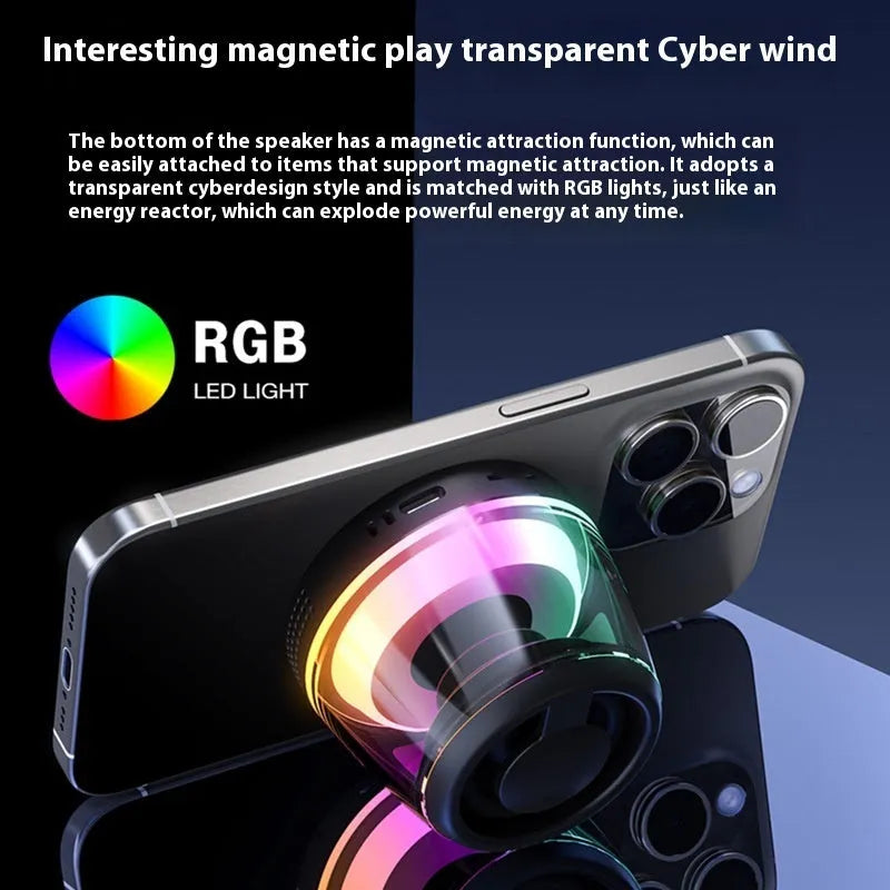 Portable wireless Bluetooth speaker with magnetic base and ambient lighting in black or white colour
