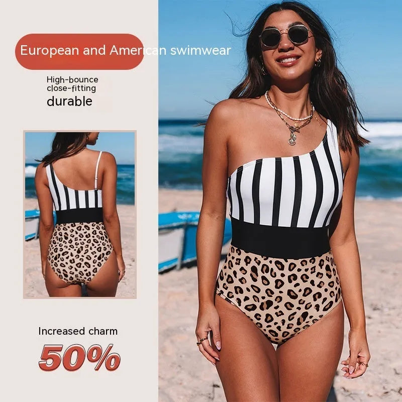 Women's leopard print one-piece swimsuit with asymmetric collar and high waist briefs design