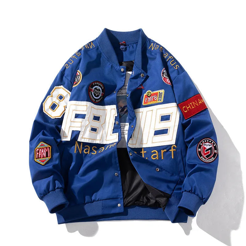 American motorcycle baseball uniform with side pockets available in black red or blue colours