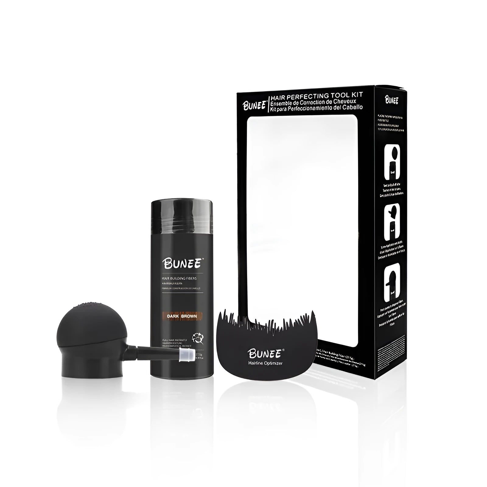 Dense Hair Fiber Powder three-piece set in box with applicator and comb