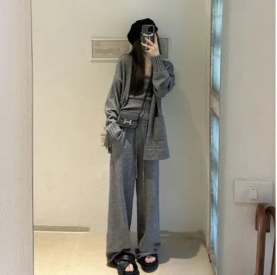 Women's knit cardigan suspender pants three-piece set in thick wool blend fabric