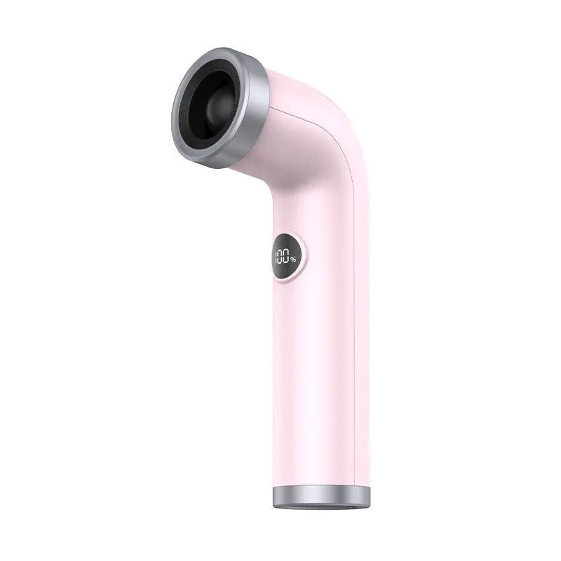 Bladeless handheld fan in apricot colour with USB charging port and turbine airflow design