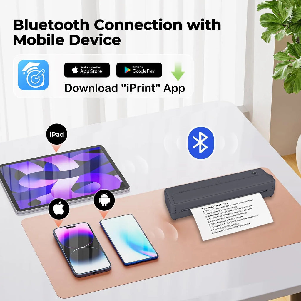 Black X8 portable A4 thermal printer with Bluetooth wireless connectivity for mobile and computer printing