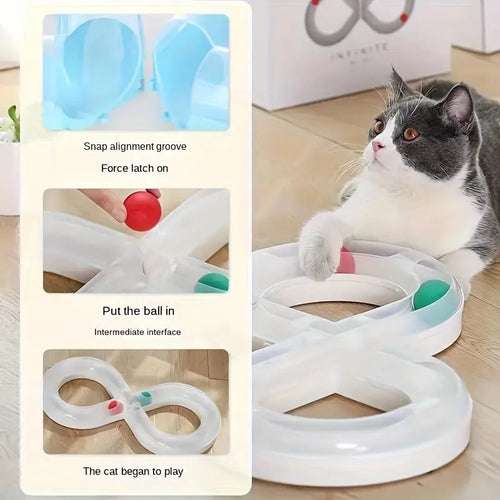 Blue and white circular cat turntable track with four spinning balls and teasing stick for feline play