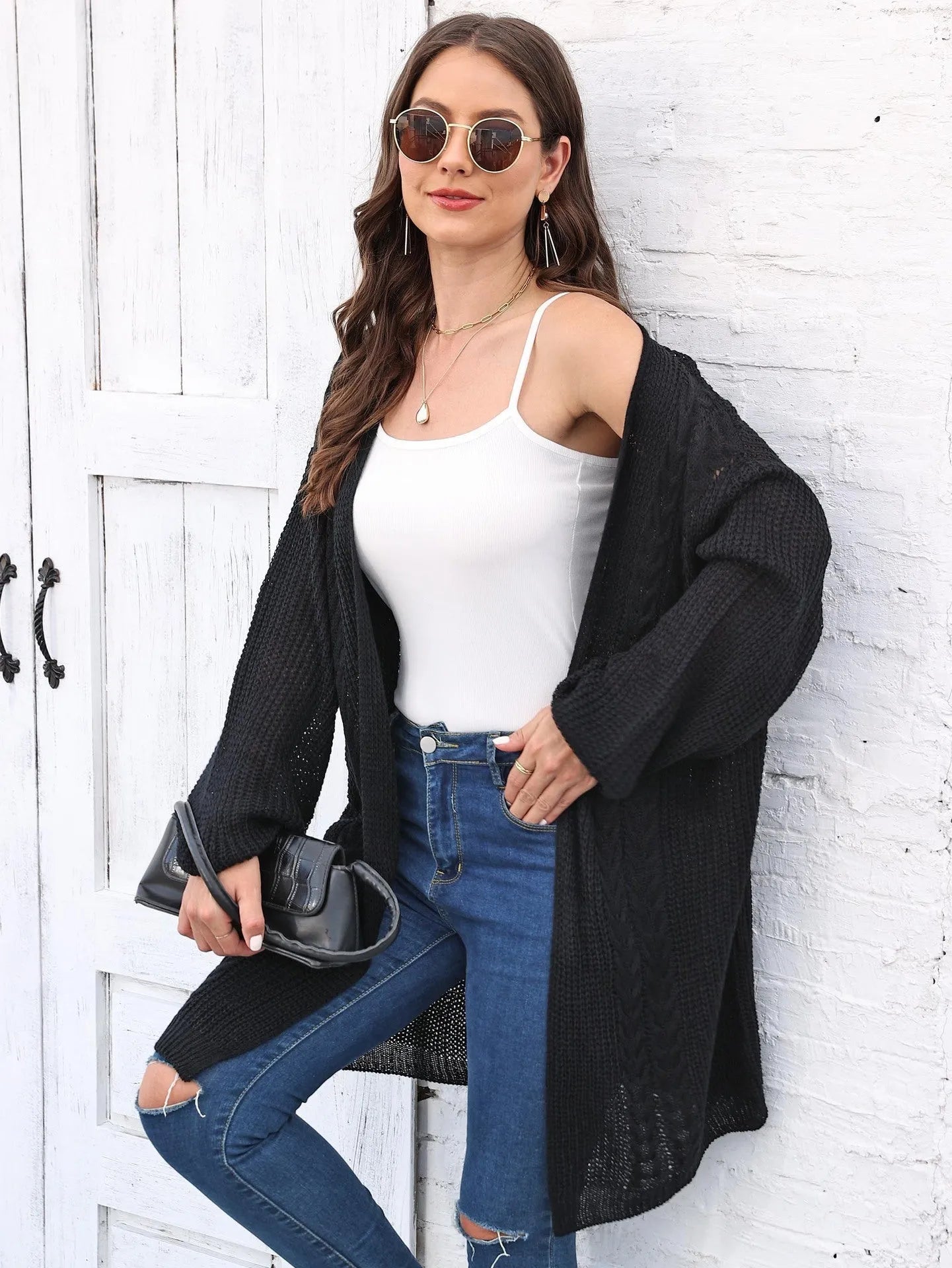 Women's loose acrylic sweater coat in solid colours including army green, black, brown, light grey, and rose red