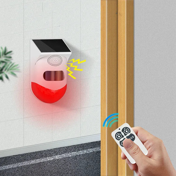 Solar-powered infrared motion detector alarm with wireless remote for outdoor security