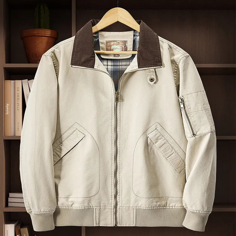 Men's washed cotton baseball flight jacket in Army Green colour on a hanger