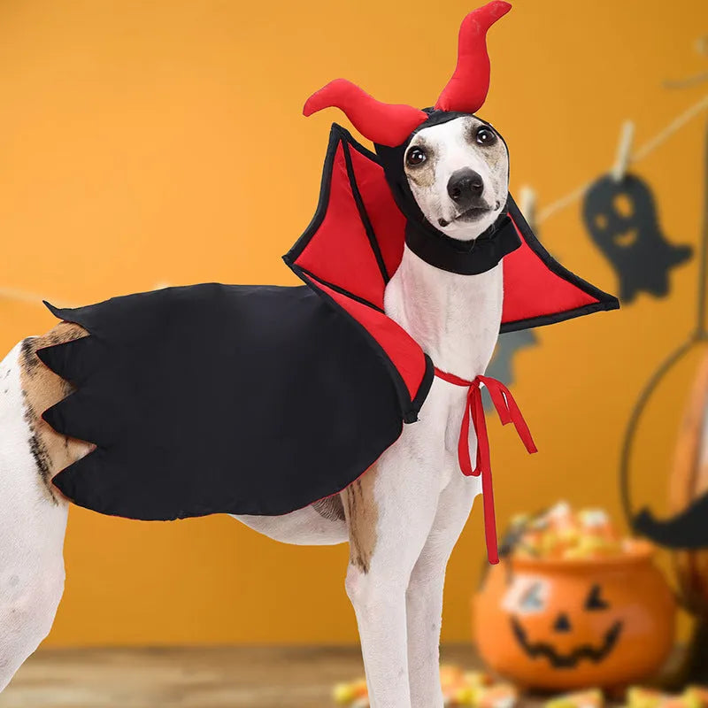 Black polyester vampire cloak and hat costume for a small dog or cat on Halloween.