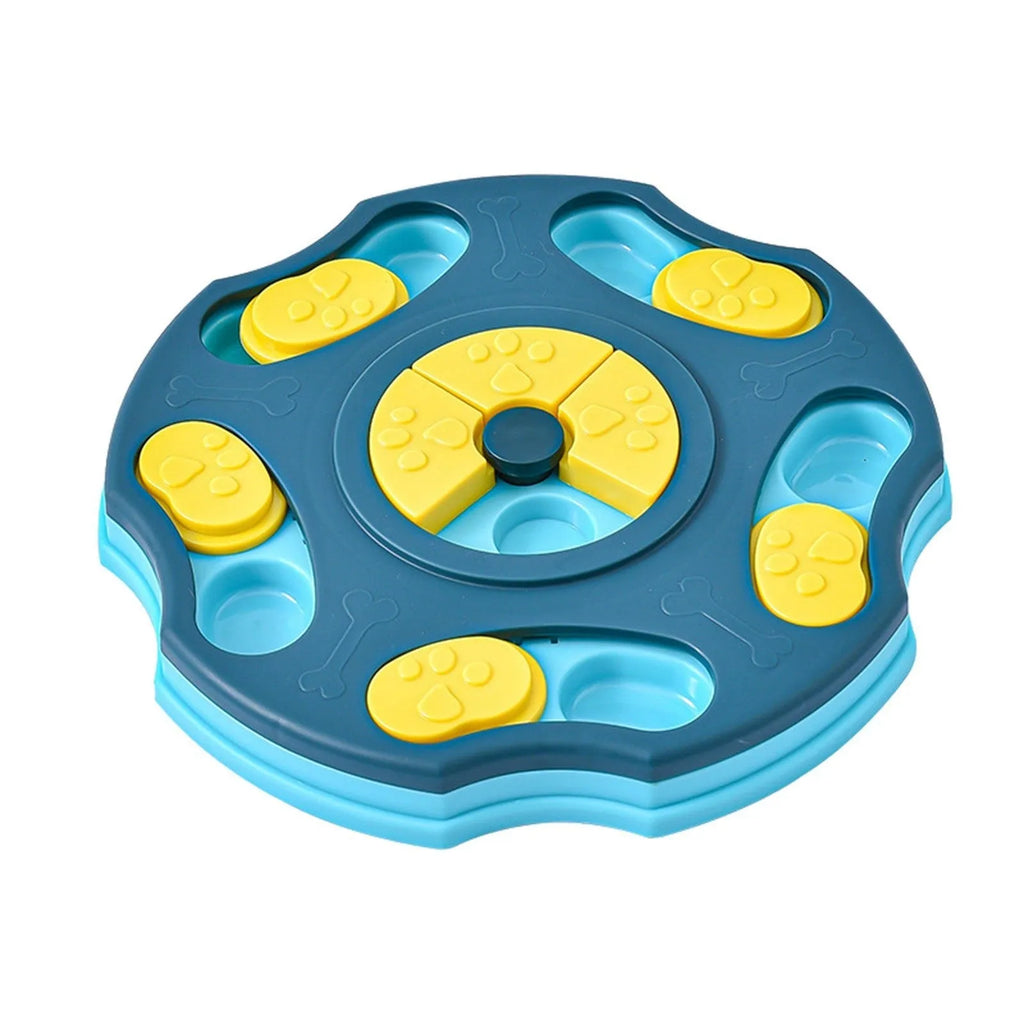 Blue dog puzzle toy feeder with compartments for interactive food search games.