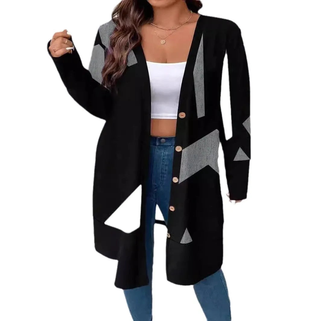 Black plus size knitwear cardigan coat with button stitching and loose casual fit