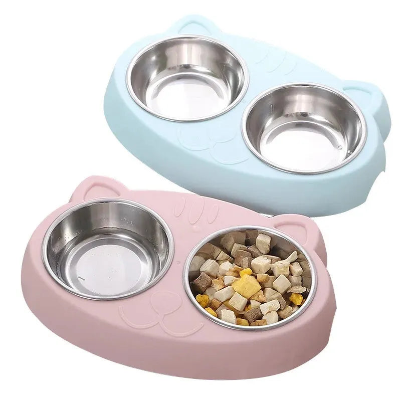 Macaron pet double bowl plastic feeding tray in blue green pink colours measuring 26.5 x 17 x 4 cm