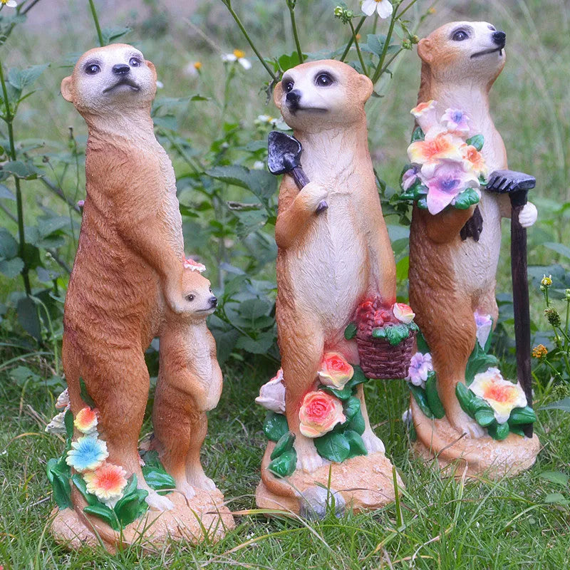Plastic resin mongoose garden ornament with straw hat in three colour variations