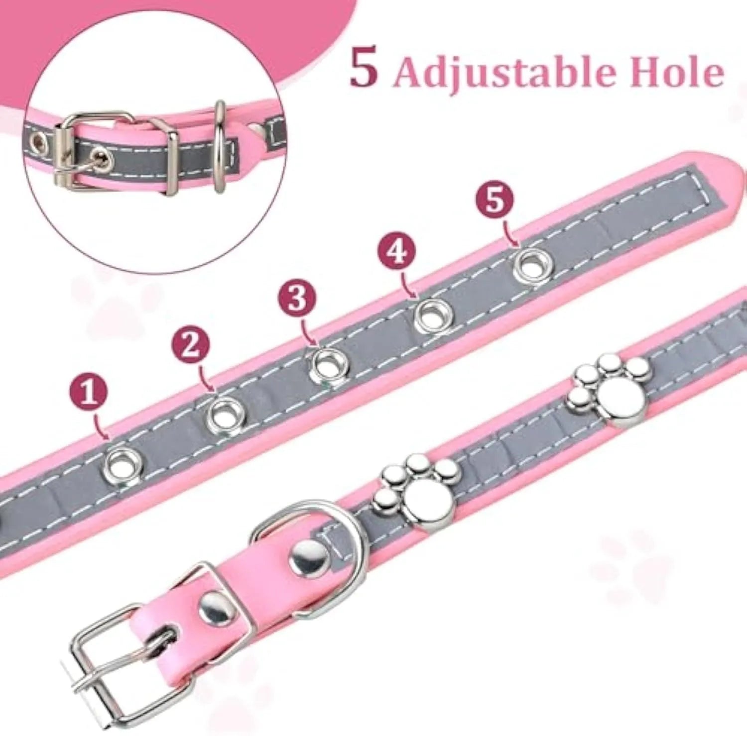 Reflective adjustable dog collar in soft brown PU leather with a metal paw-shaped rivet and buckle.