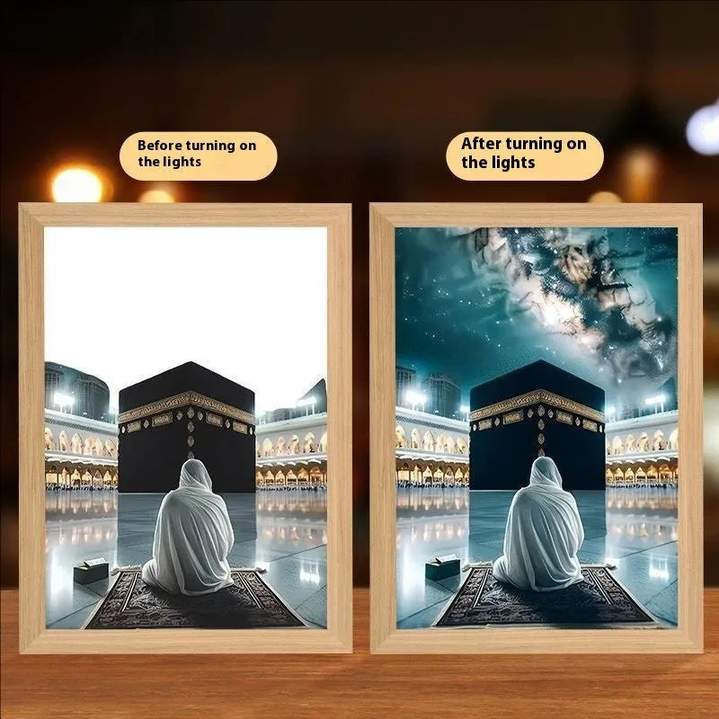 Modern rectangular LED photo frame displaying changeable sea scene artwork with built-in illumination