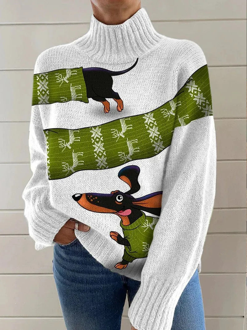 Women's Christmas pattern printed turtleneck sweater in macaron colours with long sleeves
